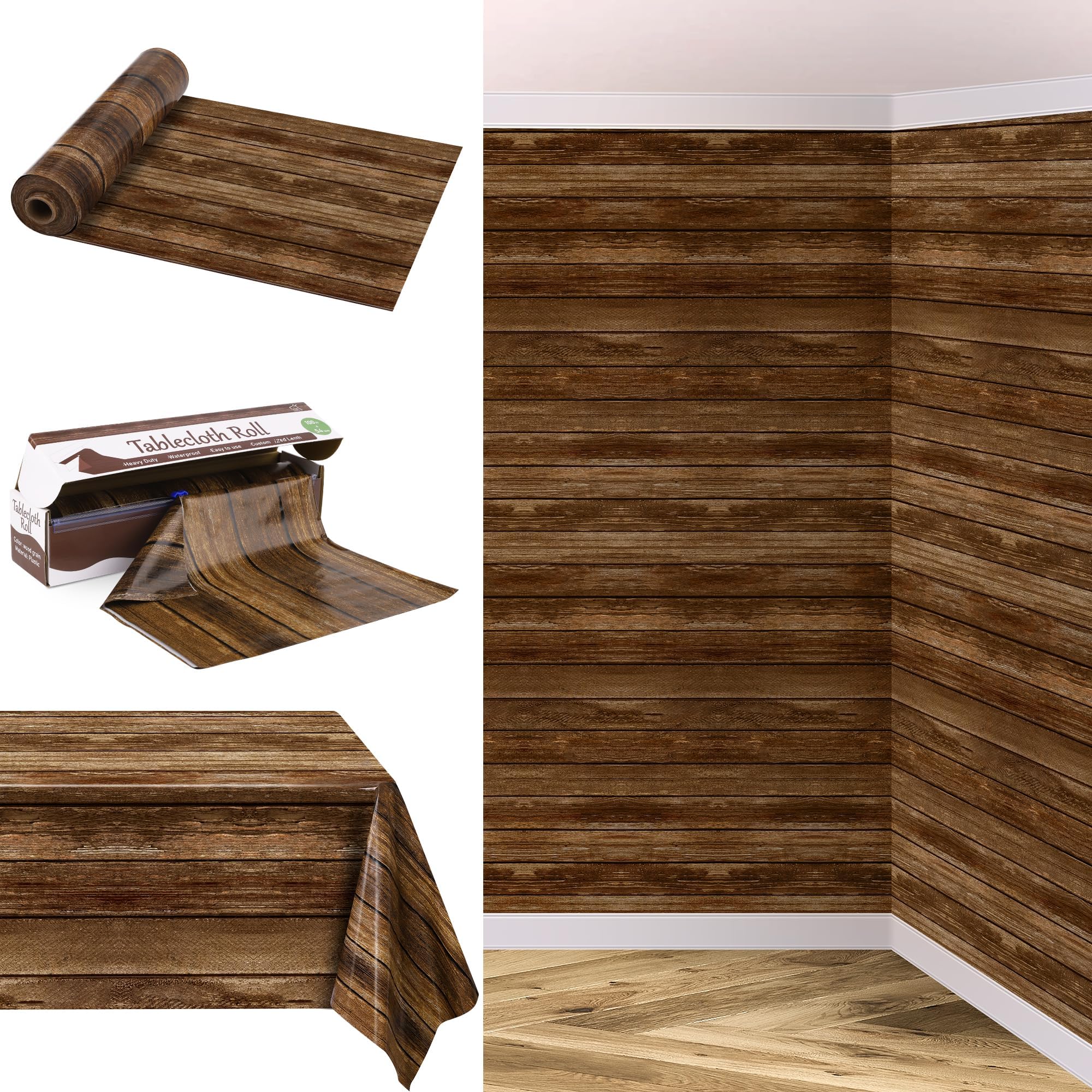Kochorie wood-grain tablecloth on table showing rustic surface protection