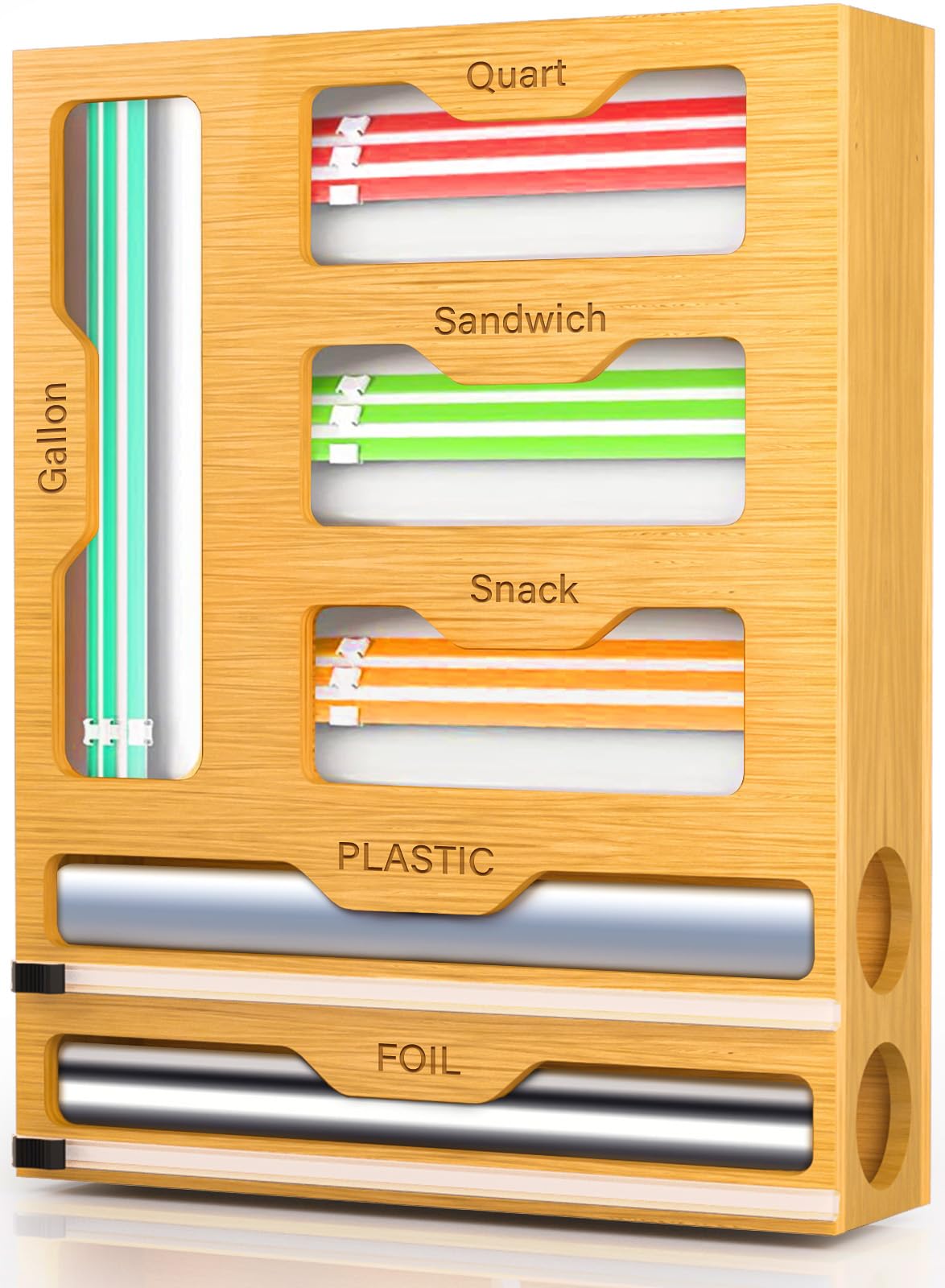 KOCWELL 6-in-1 bamboo organizer with bag and wrap slots for neat storage