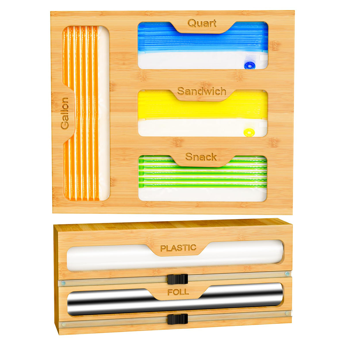 KOCWELL bamboo bag storage organizer with 2 wrap dispensers keeps wraps accessible in the drawer