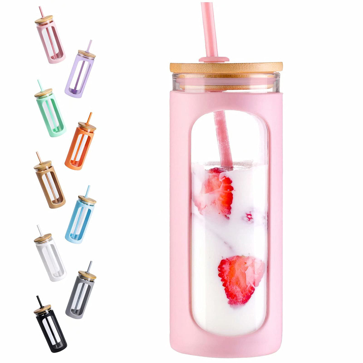 Kodrine 20oz glass tumbler with bamboo lid and pink finish for elegant hydration.