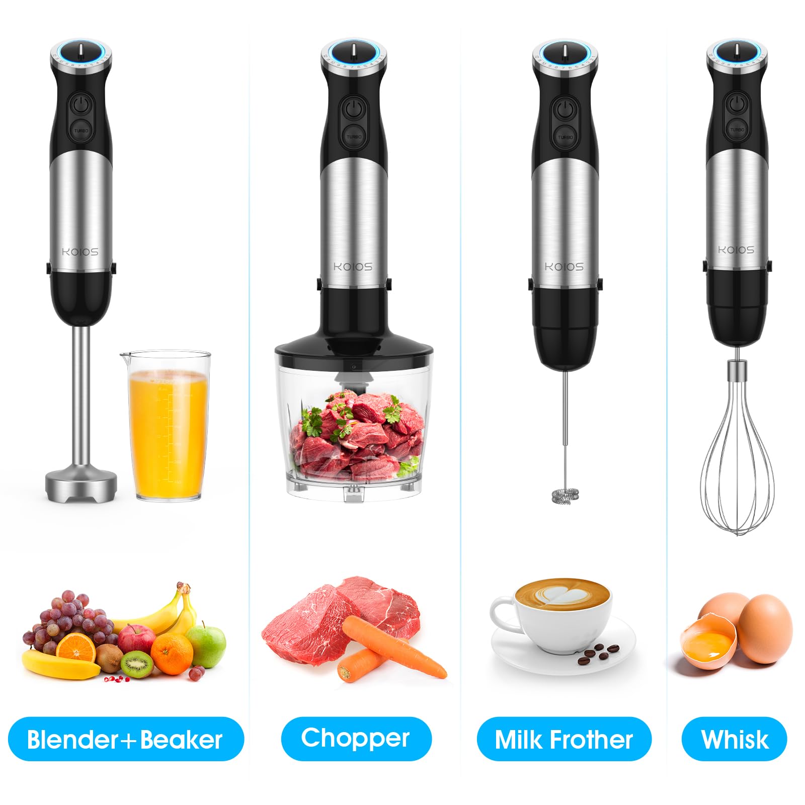 KOIOS 12-speed control dial enables precise texture for sauces and smoothies