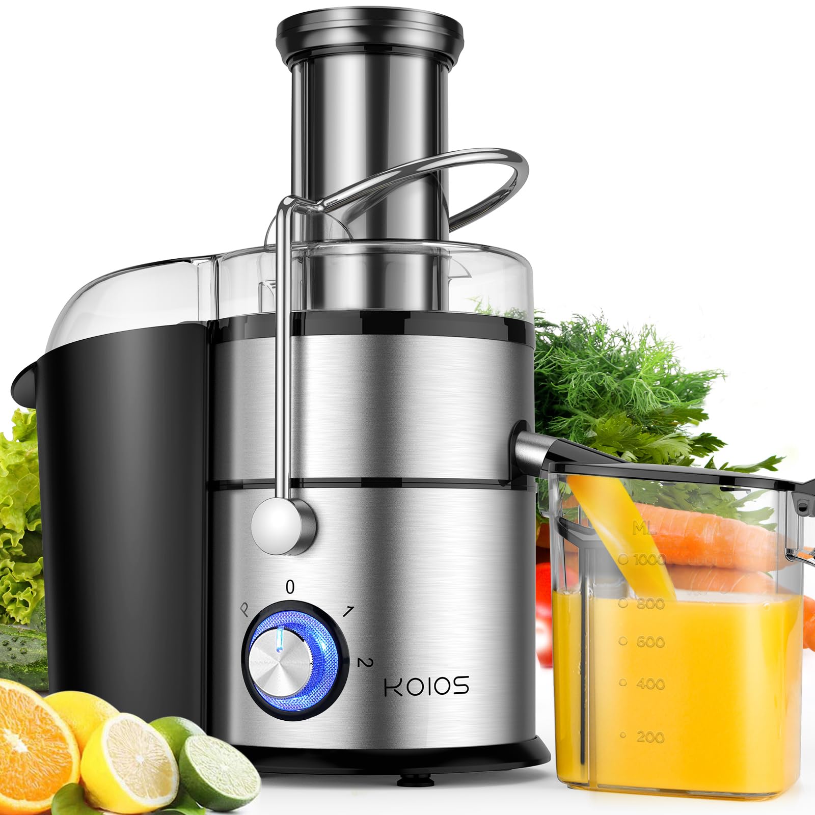 KOIOS 1300W centrifugal juicer with copper motor for maximum juice yield.
