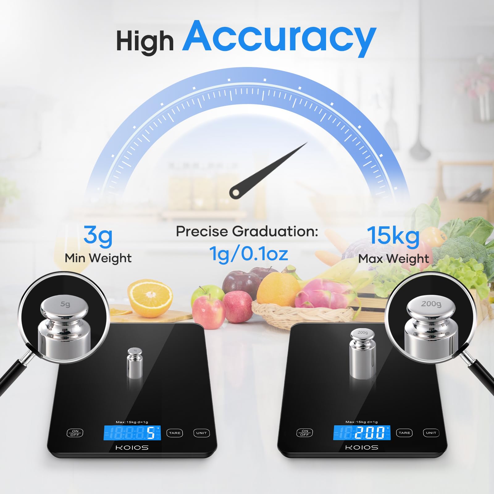KOIOS sensor closeup highlights accurate weighing and stability during prep.