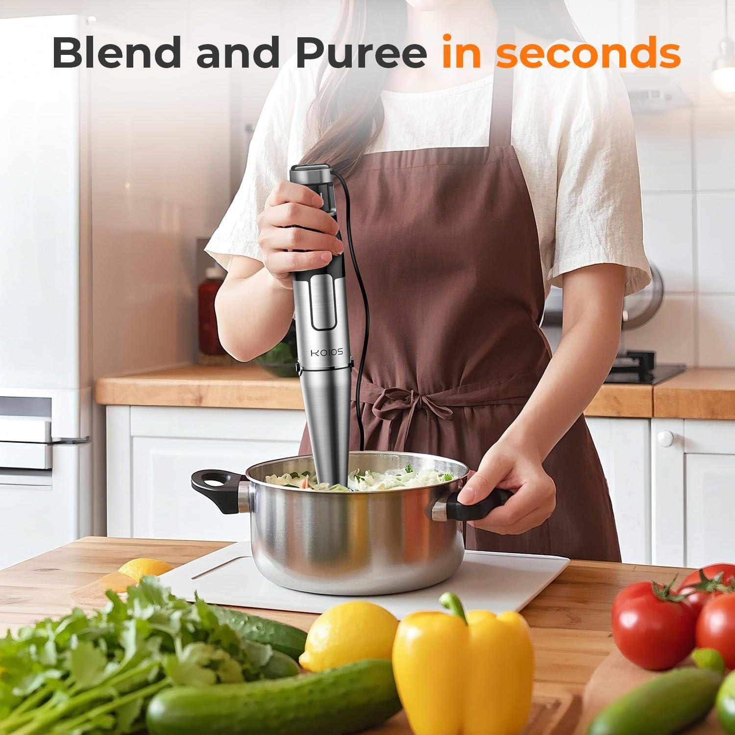 KOIOS 5-in-1 attachments including blender, frother, whisk, beaker, and chopper