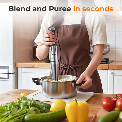 KOIOS 5-in-1 attachments including blender, frother, whisk, beaker, and chopper