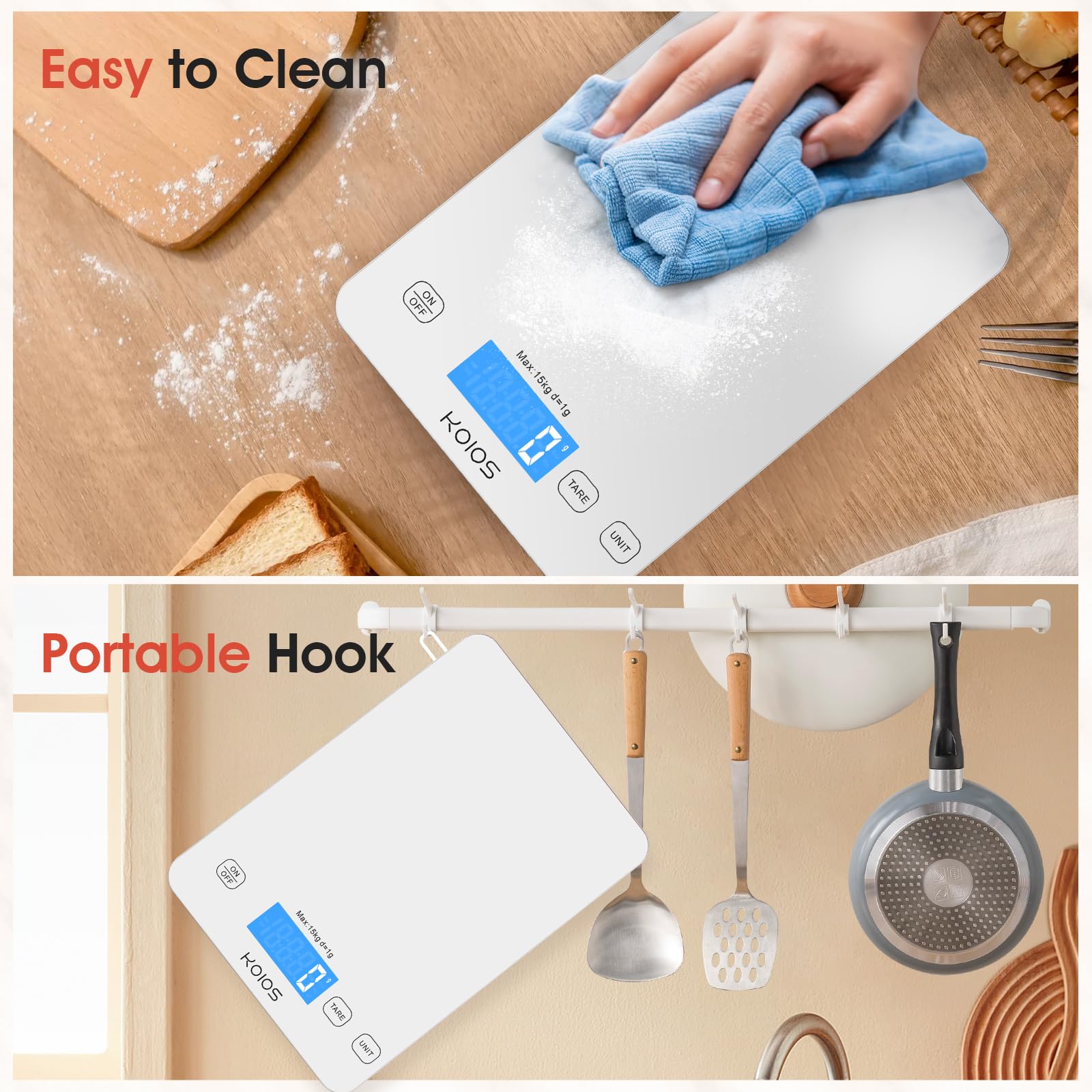 KOIOS kitchen scale compact storage with hidden hook for tidy kitchens