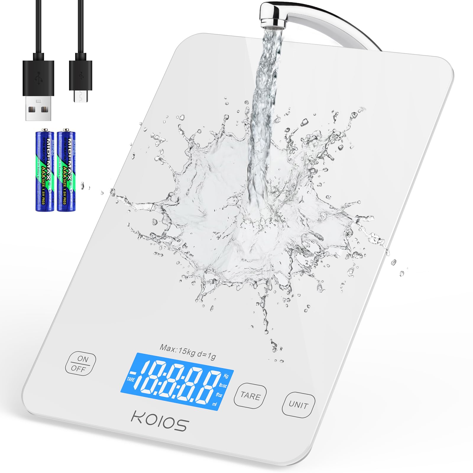 KOIOS kitchen scale front view with bright display for precise measurement