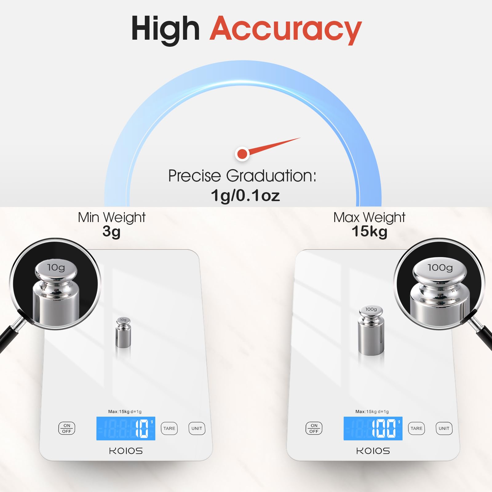 KOIOS kitchen scale top view showing slim, compact design for easy storage