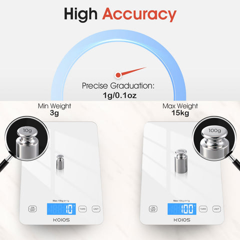 KOIOS kitchen scale top view showing slim, compact design for easy storage