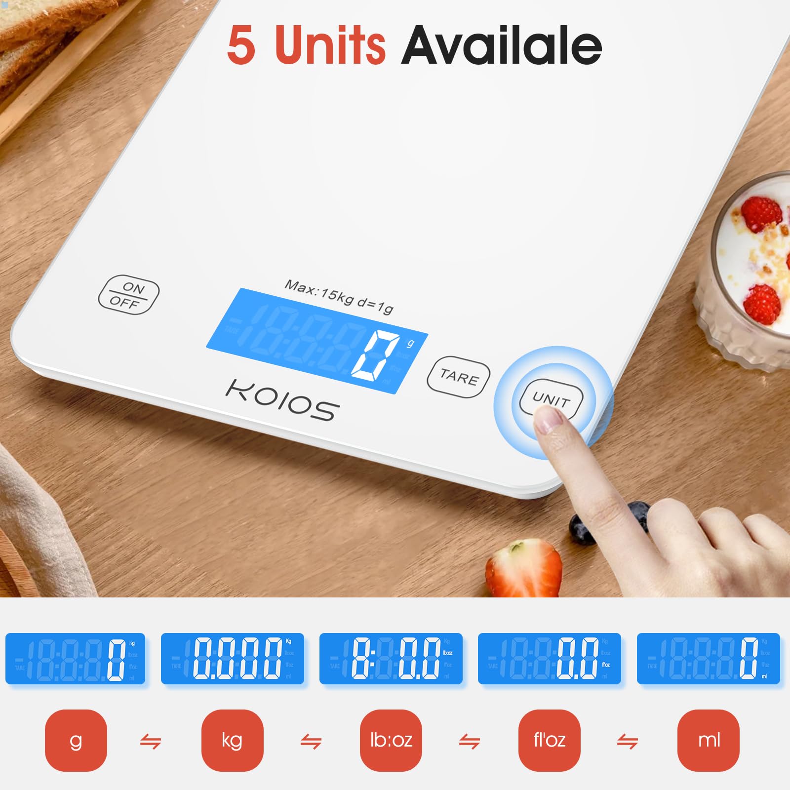 KOIOS kitchen scale waterproof tempered glass surface resists spills and cleans easily