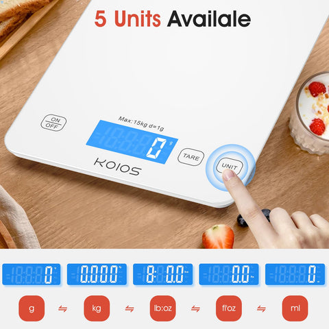 KOIOS kitchen scale waterproof tempered glass surface resists spills and cleans easily