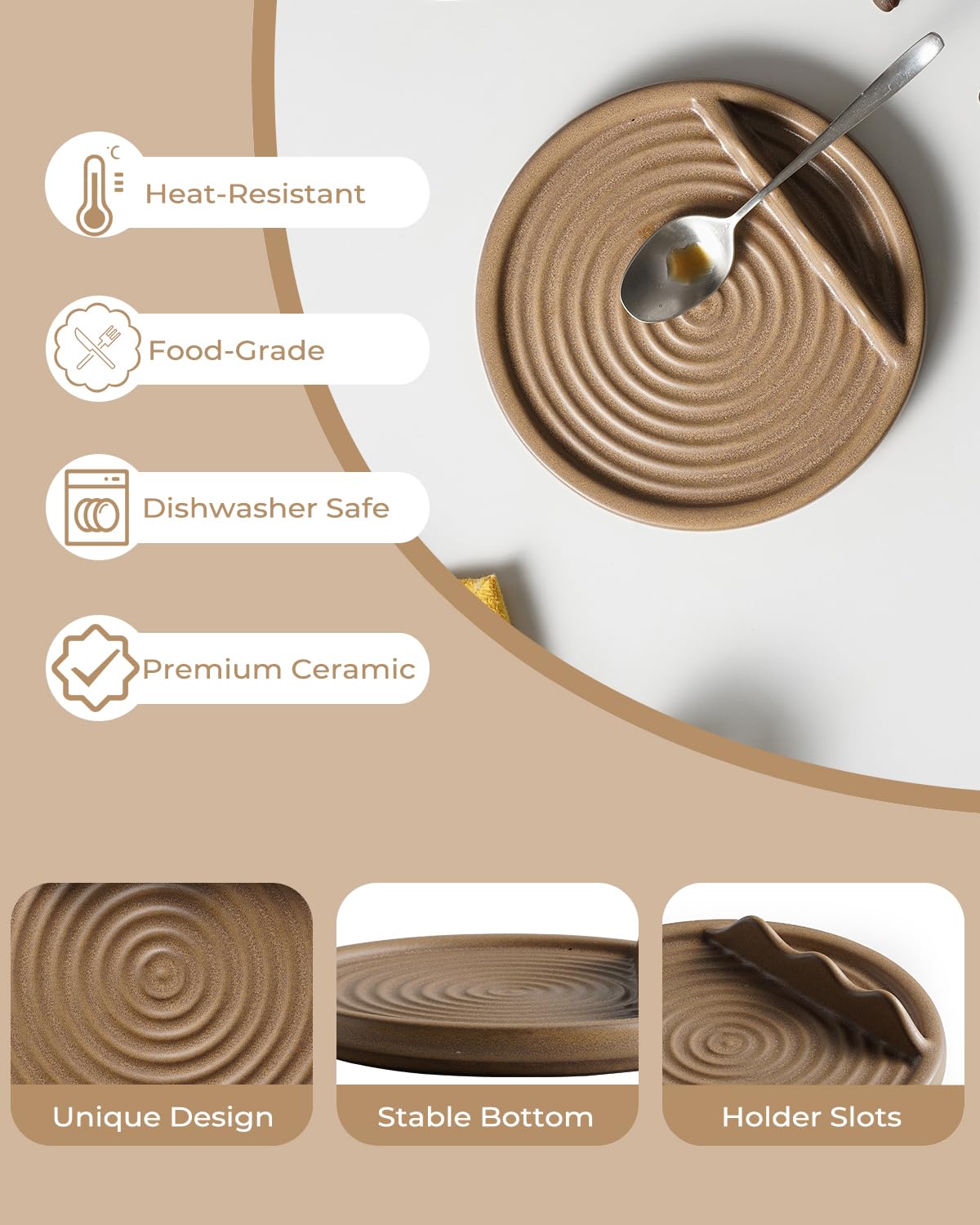 KOKUNKA spoon rest in glossy ceramic, dishwasher safe for easy cleanup.