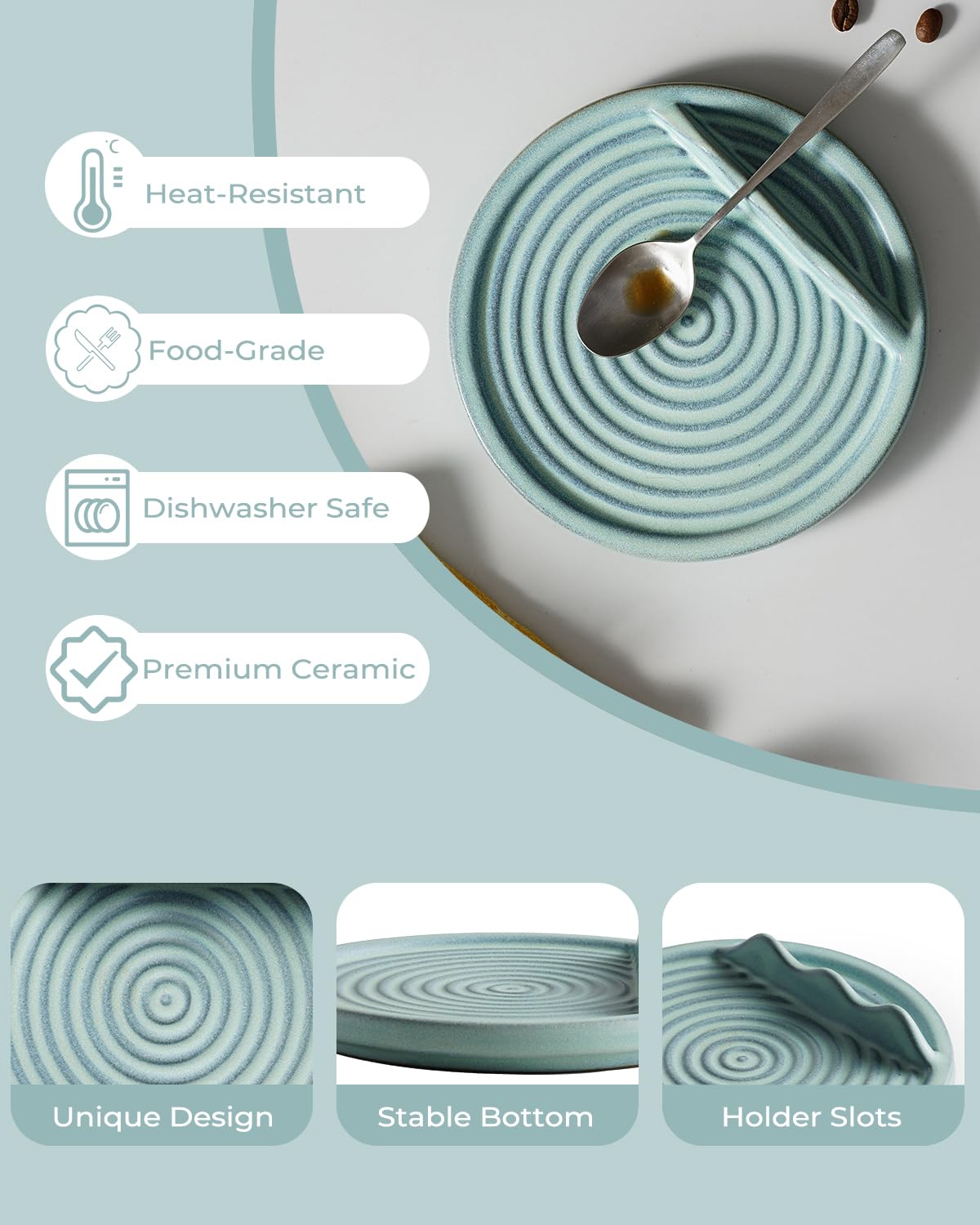 KOKUNKA spoon rest with swirl design adds charm to blue kitchen space