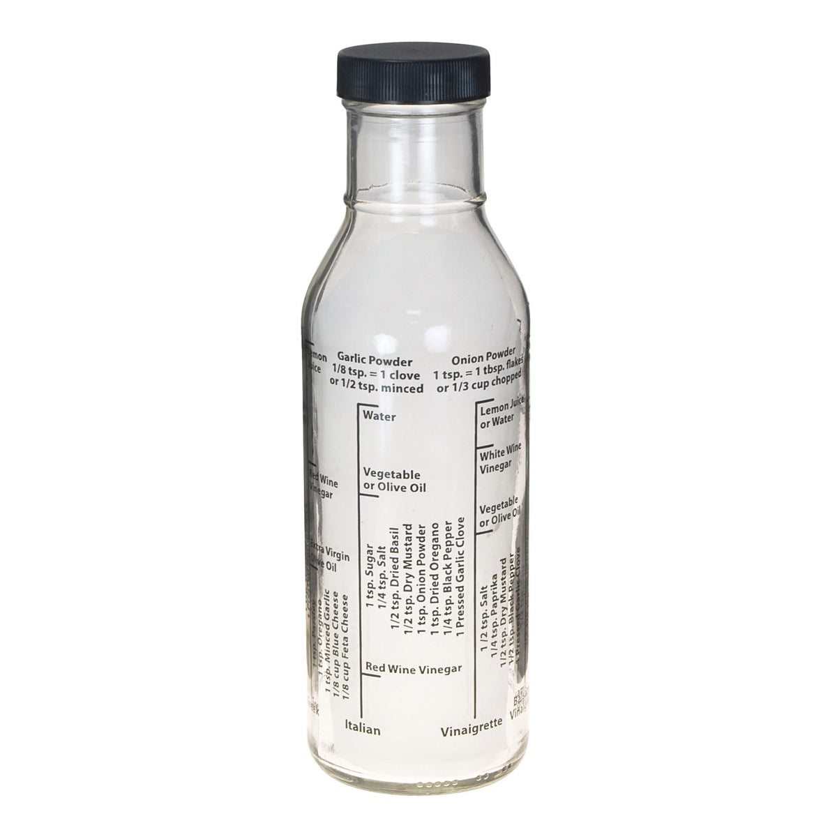 Kolder Salad Dressing Mixer Bottle front view with eight printed dressing recipes.