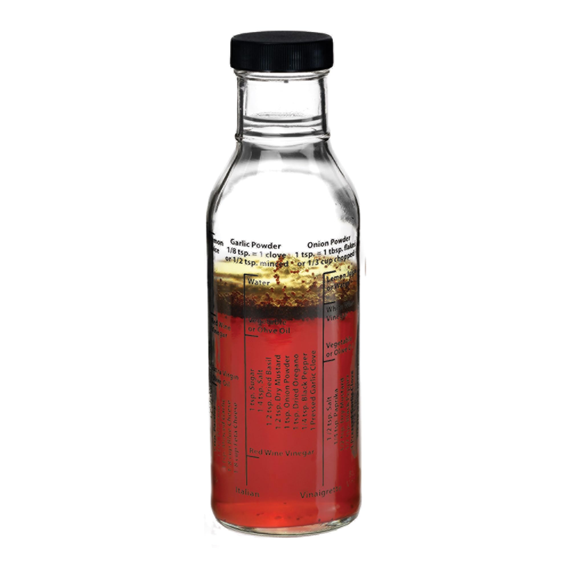 Kolder dressing bottle measuring markings show precise ingredients for classic dressings.