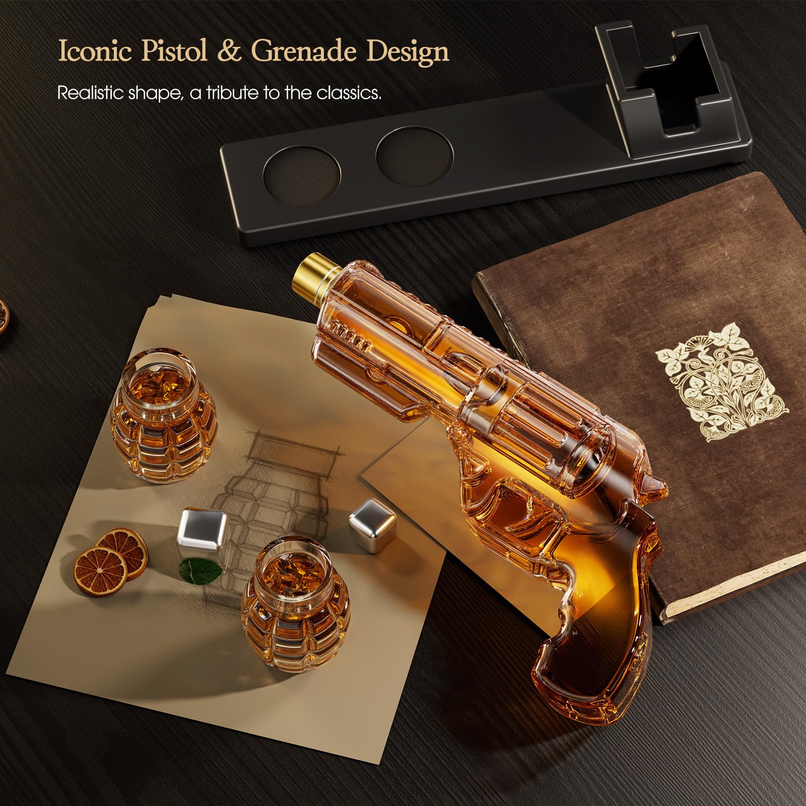 Kollea decanter on black wooden stand for refined display