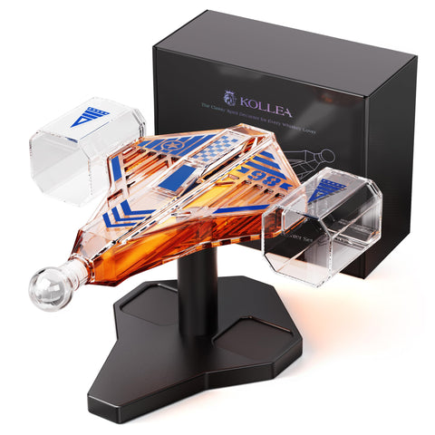 Kollea Galaxy blue spaceship decanter on a modern home bar for stylish entertaining