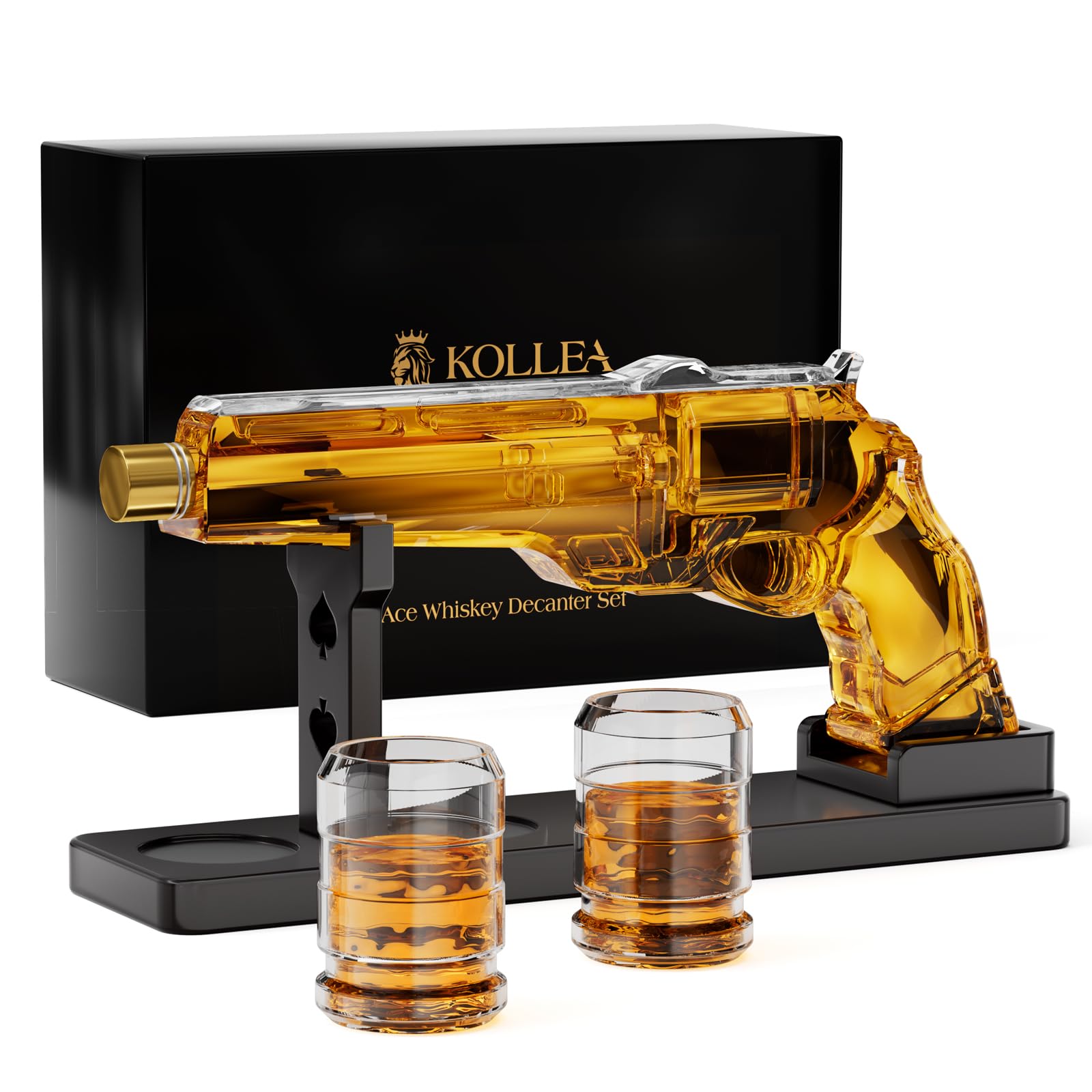 Kollea gun whiskey decanter with stand on display