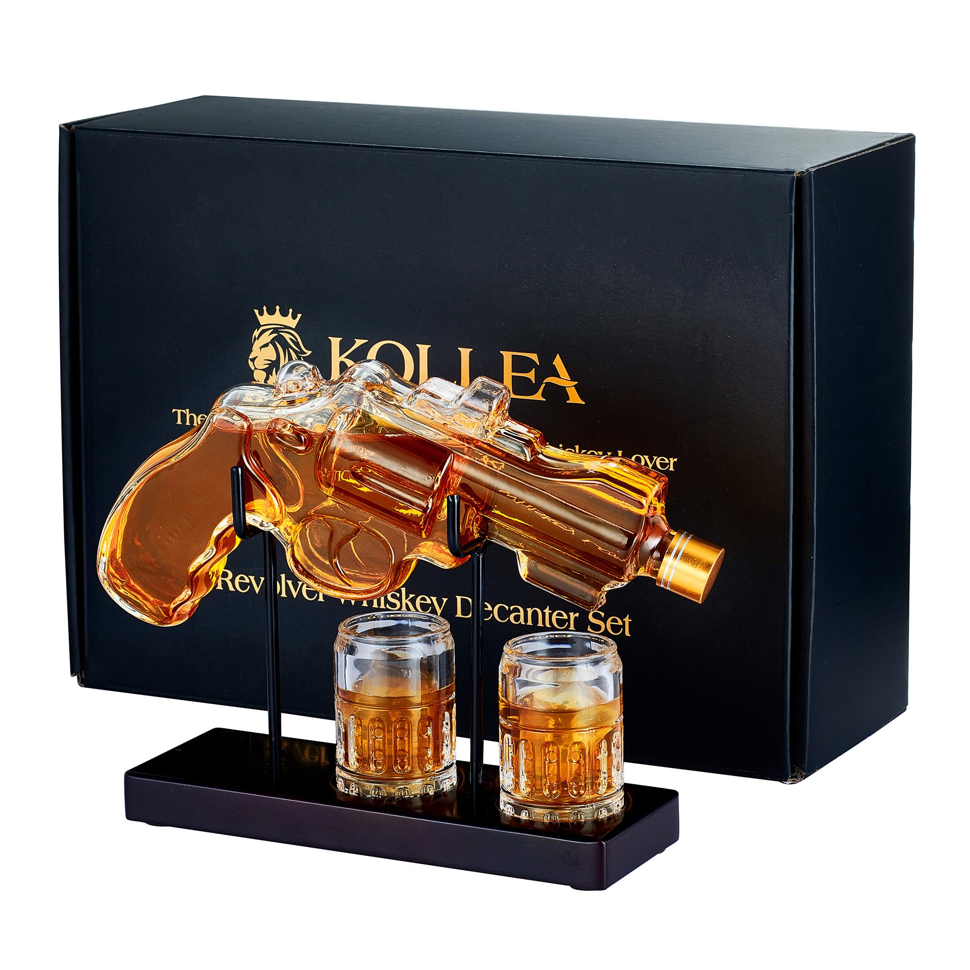 Kollea Gun Whiskey Decanter with revolver silhouette, ideal for a stylish home bar.