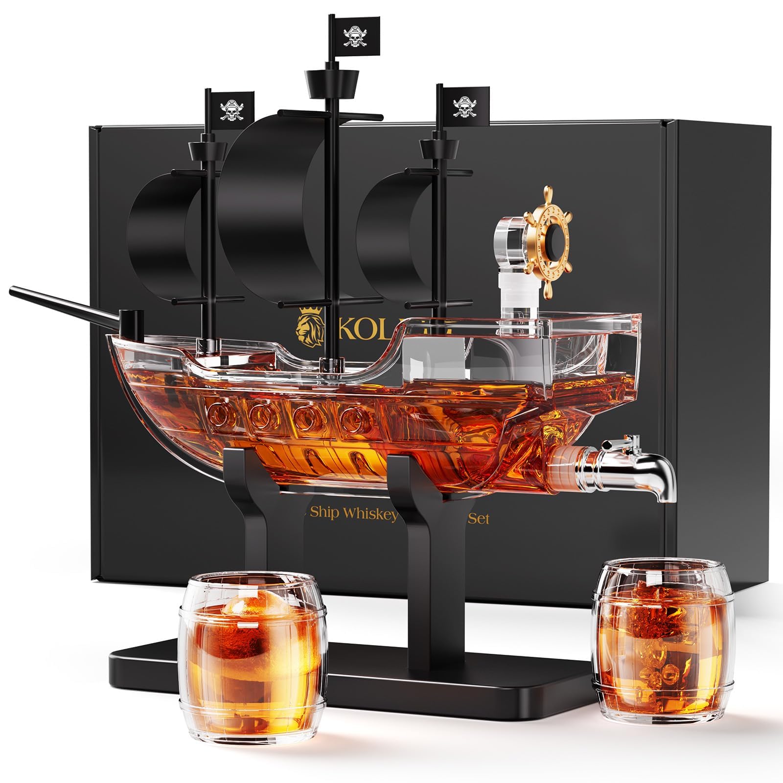Kollea pirate ship decanter showcases detailed sails for sophisticated whiskey service.