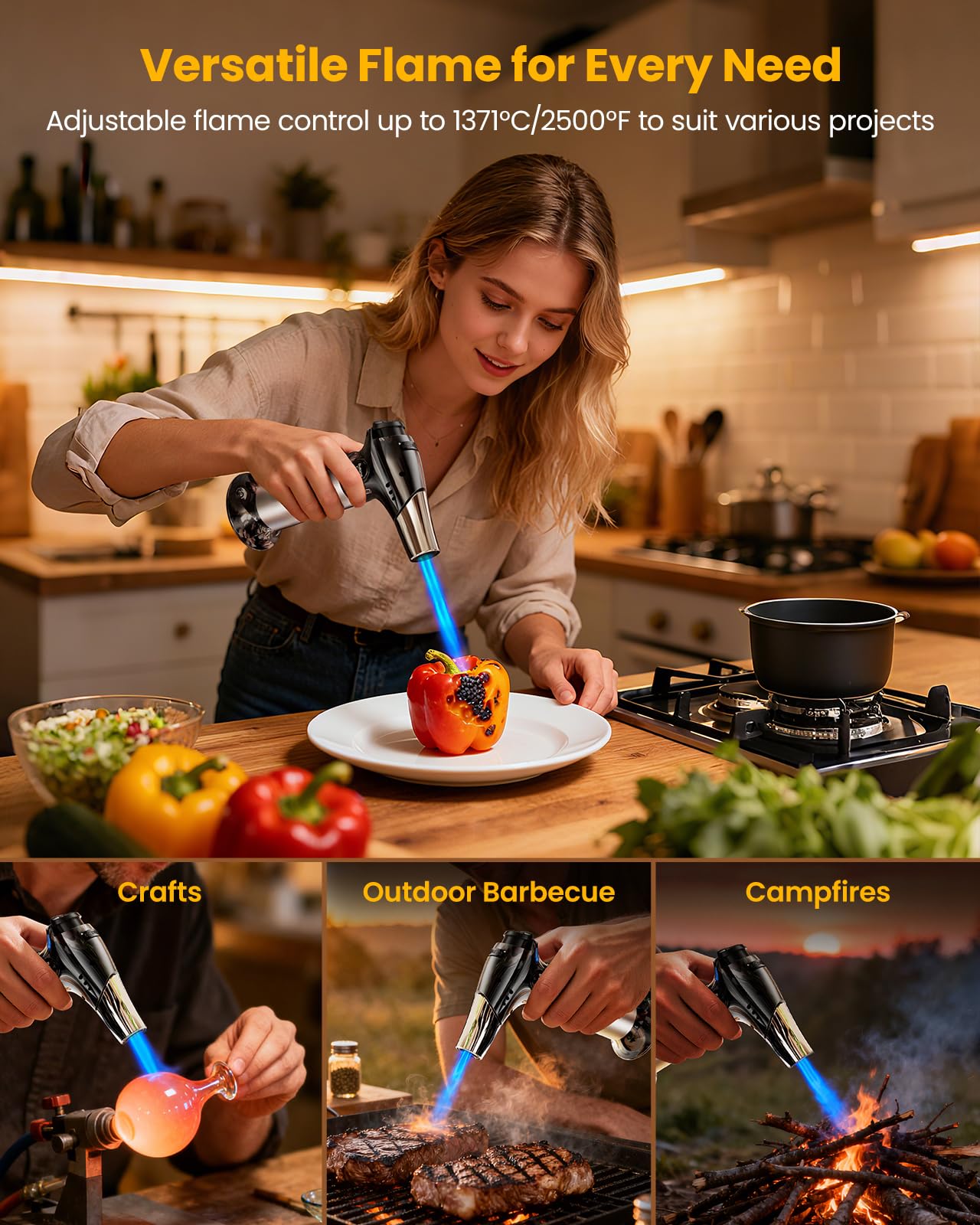 Kollea torch lighter displaying continuous flame mode for extended cooking