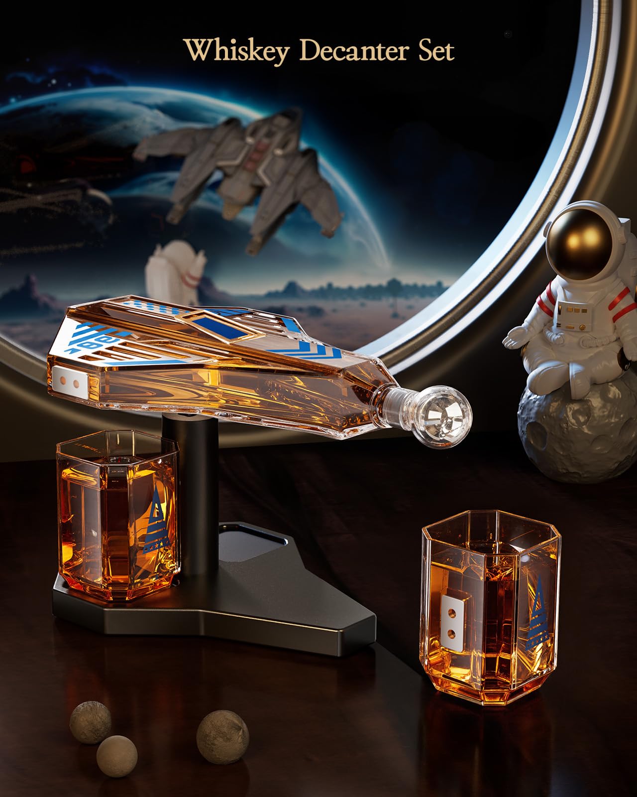 Kollea wooden base supports the decanter with a sleek space-age touch