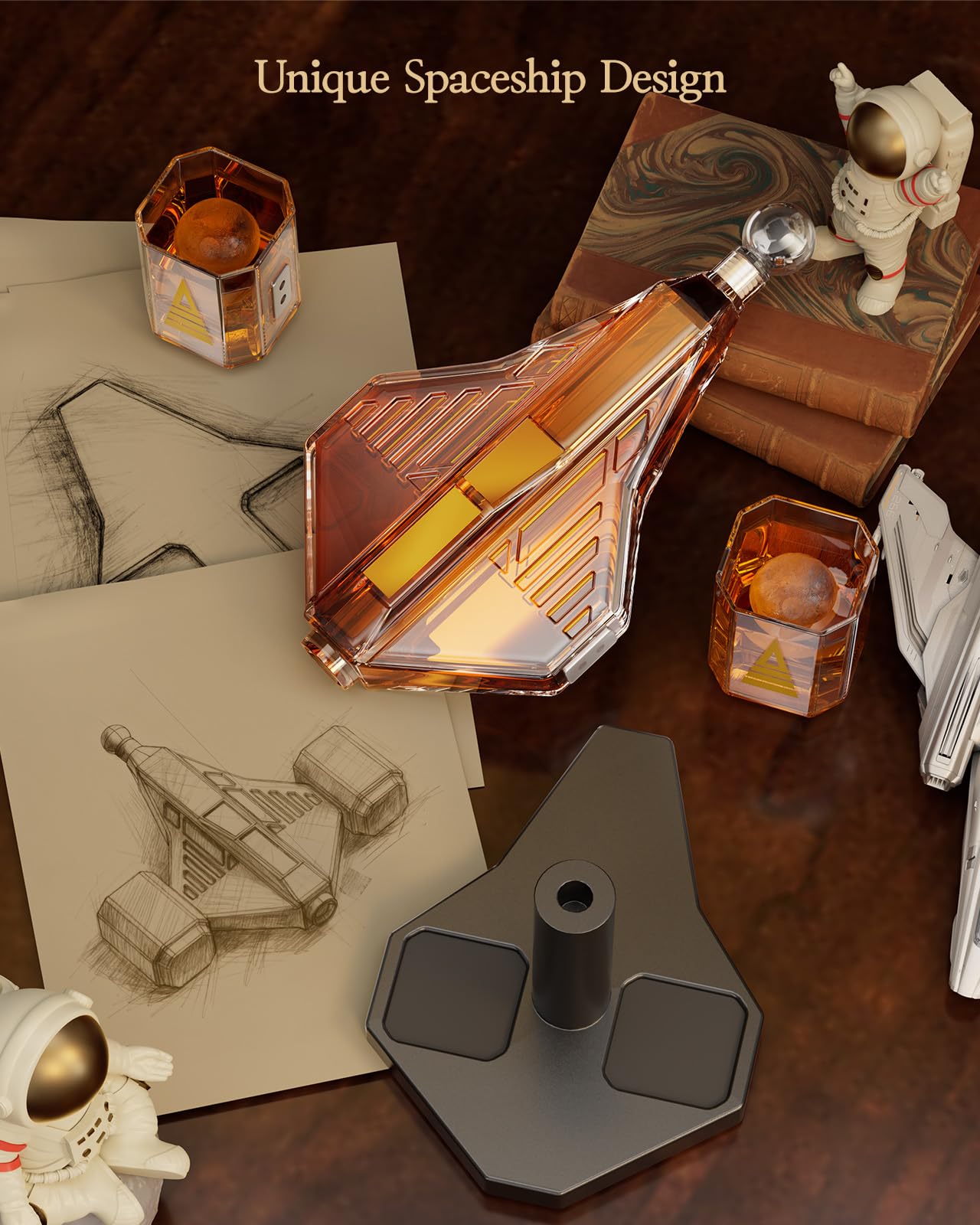 Kollea wooden base provides stable display with space-age aesthetic