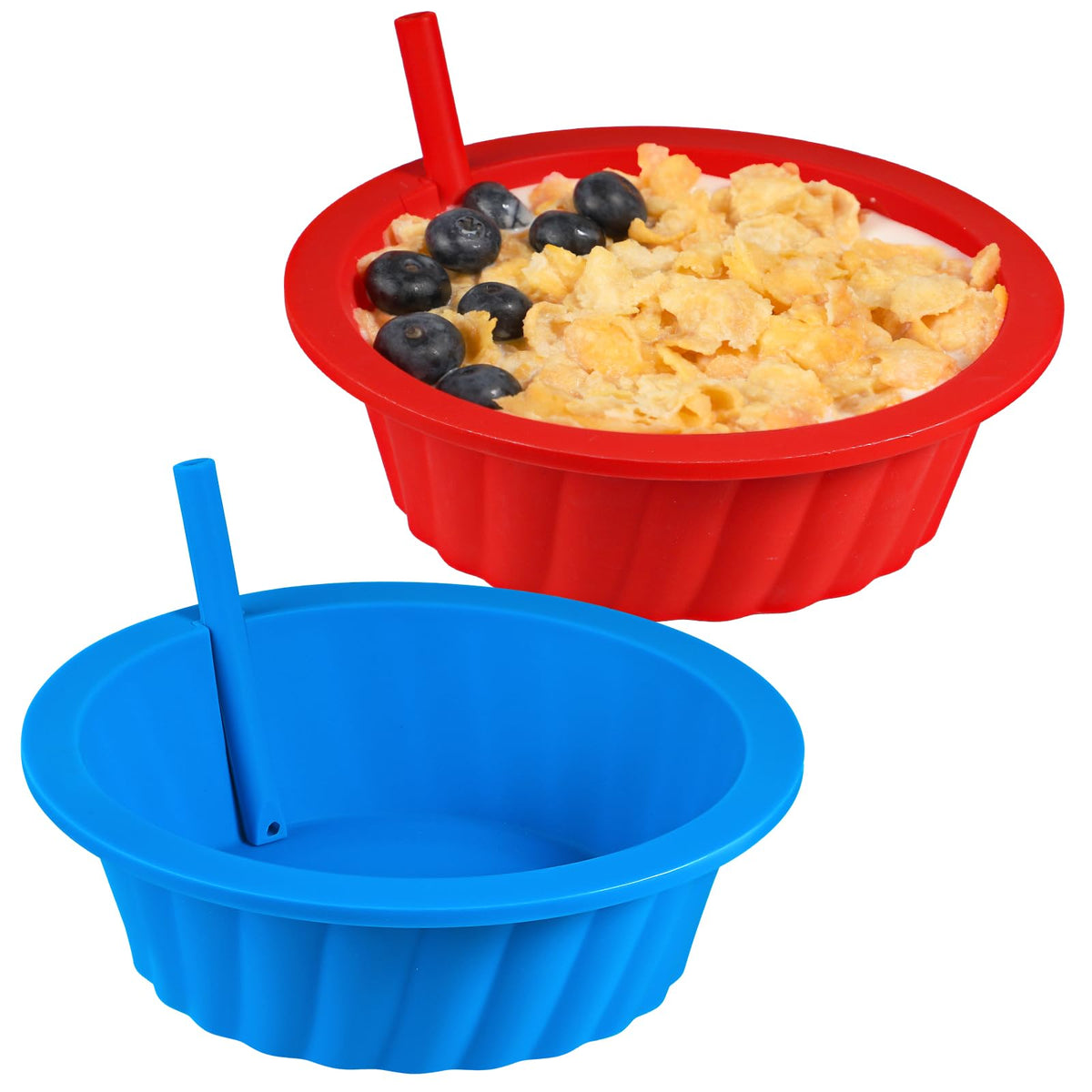 KOLUTI silicone cereal bowls with straws — two-pack for spill-free breakfasts.