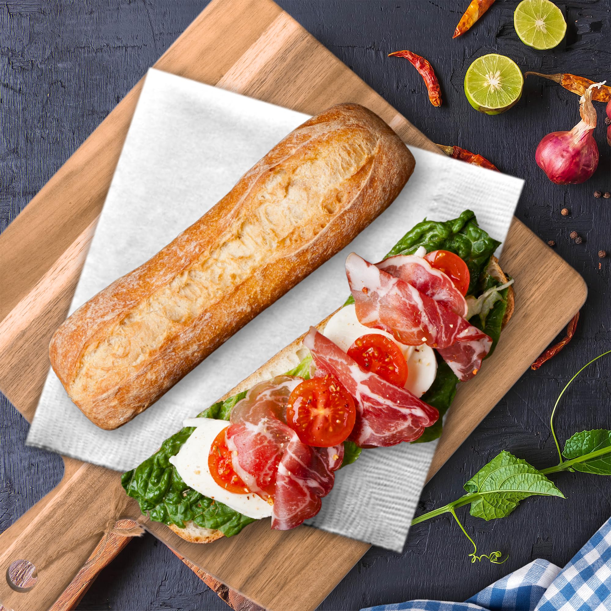 Kolwoven Acacia board on table for effortless food plating.