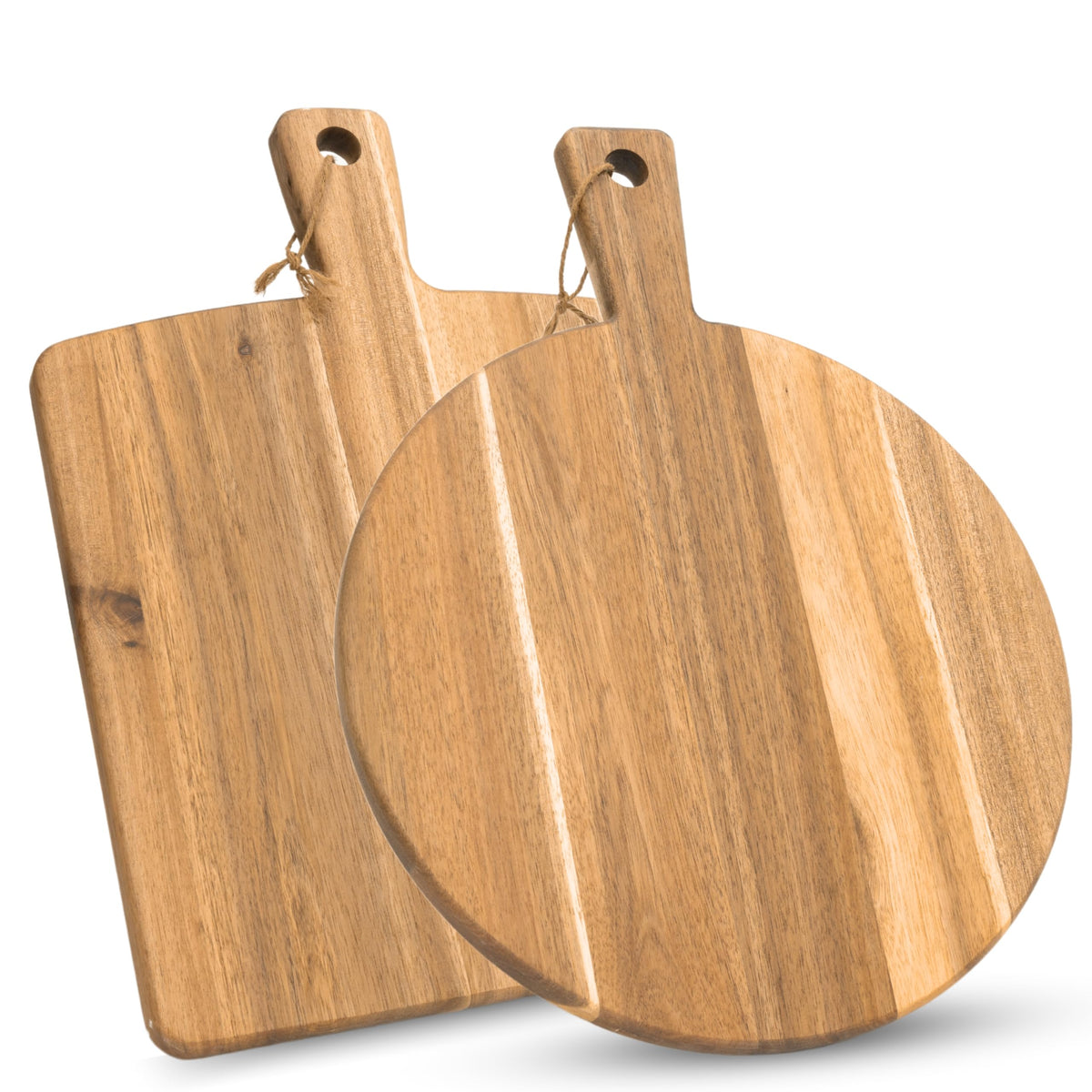 Kolwoven Acacia round cutting board with handle for easy serving.