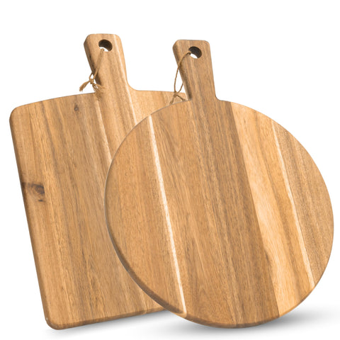Kolwoven Acacia round cutting board with handle for easy serving.