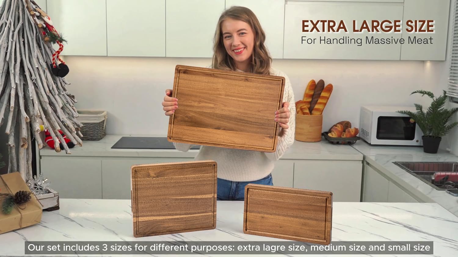 KOLWOVEN Acacia cutting board with holder keeps boards organized on the counter.