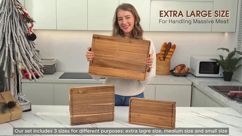 KOLWOVEN Acacia cutting board with holder keeps boards organized on the counter.
