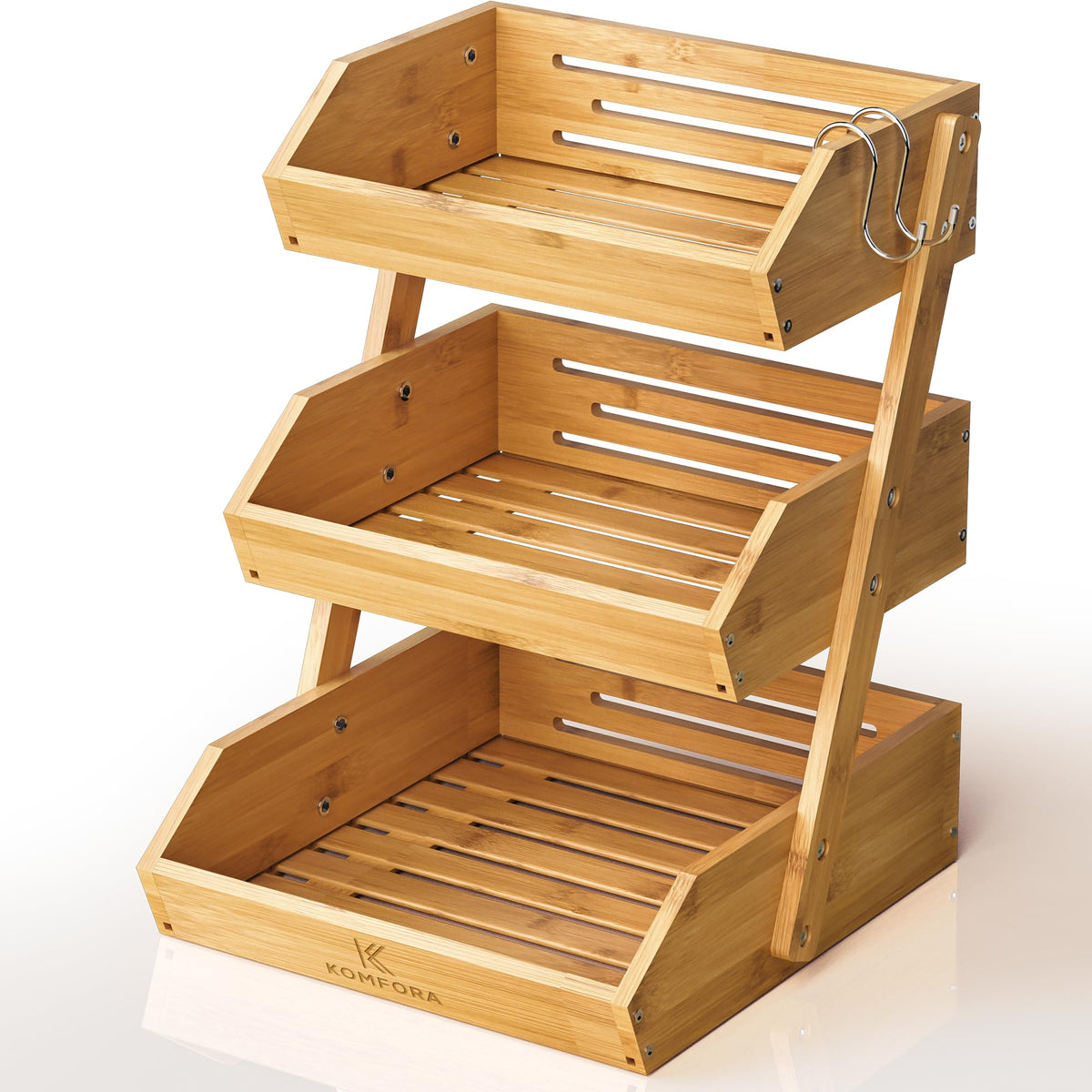 KOMFORA bamboo fruit basket 3-tier on countertop showing space-saving design.