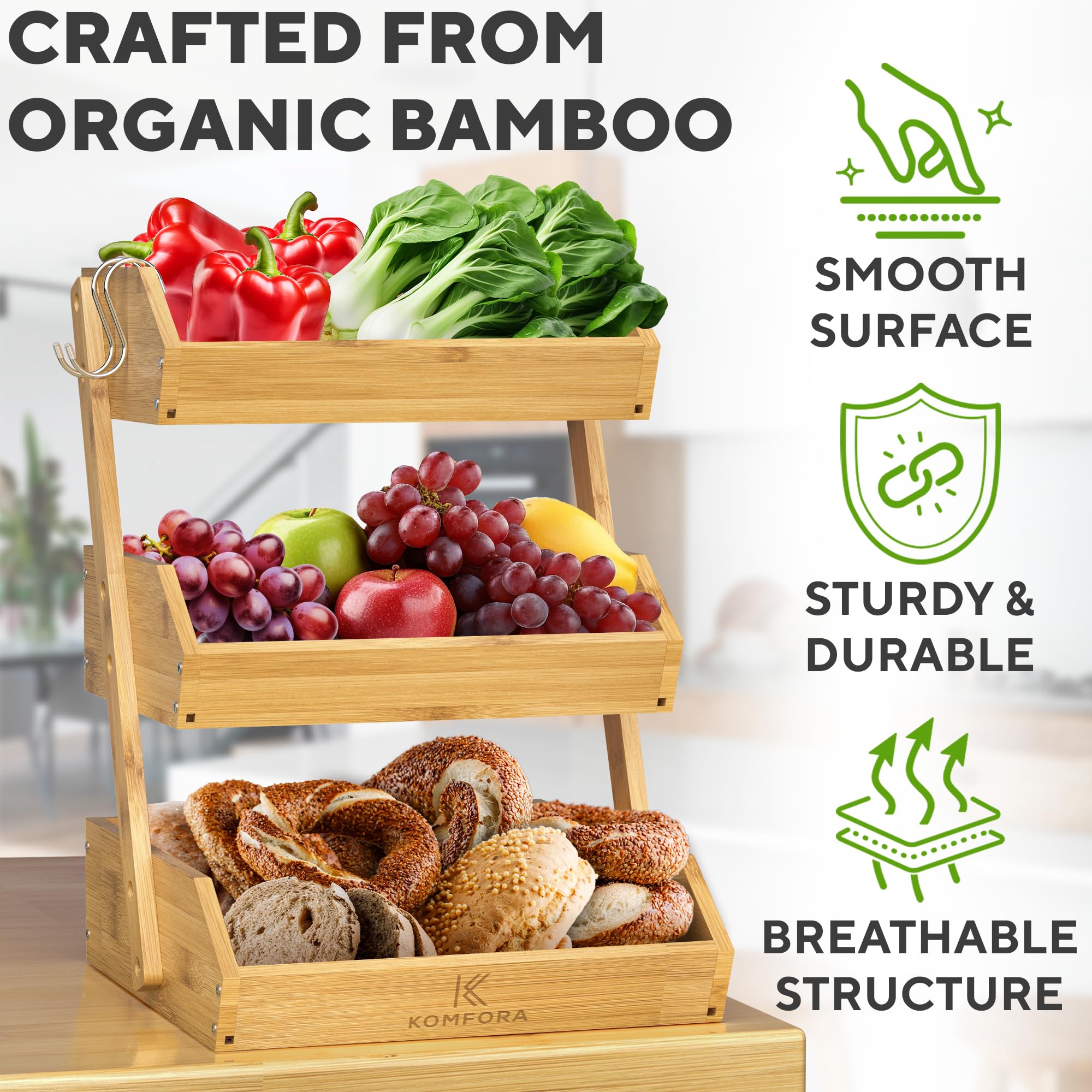 KOMFORA stand with non-slip pads protecting countertops during use.