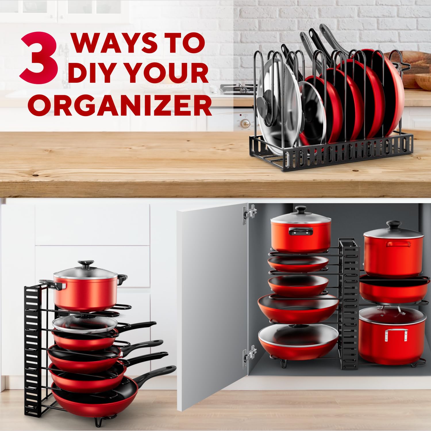 KOMFORA 8-tier adjustable dividers demonstrate customizable space for pots and lids.