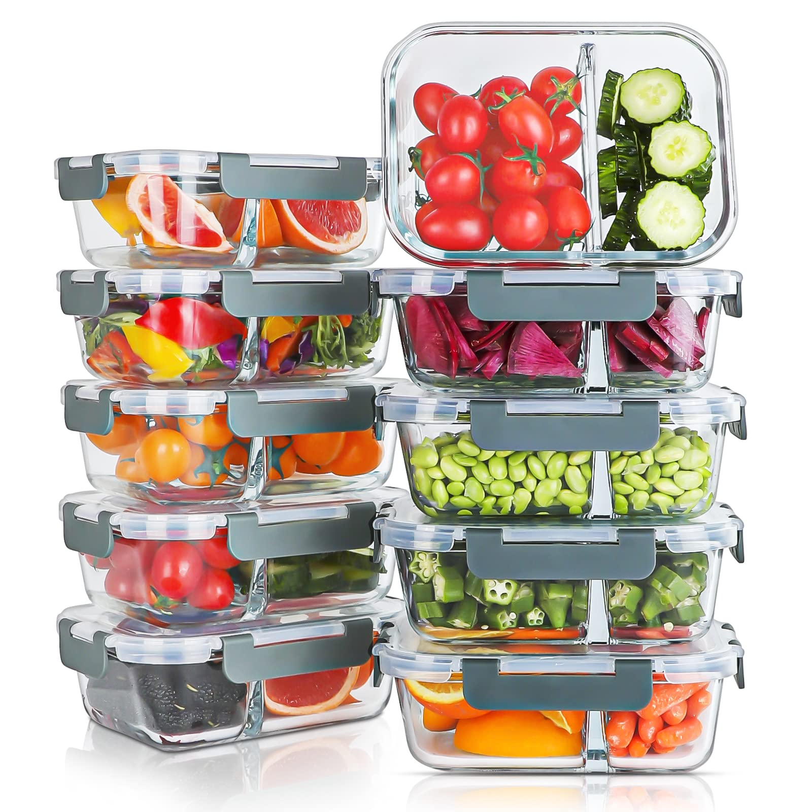 KOMUEE 10-pack 30oz glass containers for meal prep and portion control.
