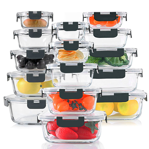 KOMUEE 30-piece glass storage set shown for organized meals and reusable containers