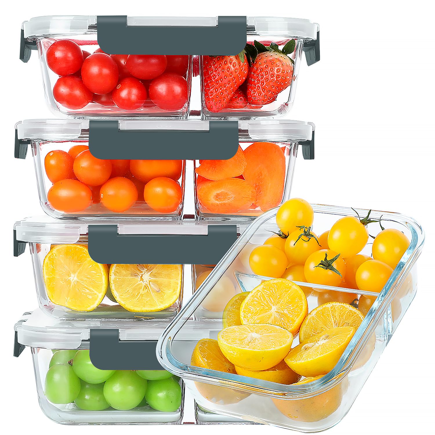 KOMUEE 30 oz divided glass container with two compartments for portion control.