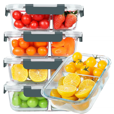 KOMUEE 30 oz divided glass container with two compartments for portion control.