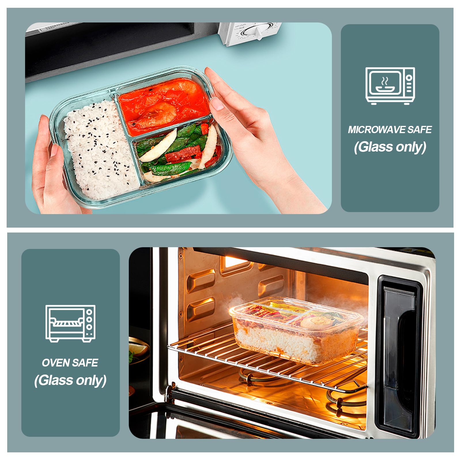 KOMUEE 36oz glass container showcases stackable design for efficient fridge storage