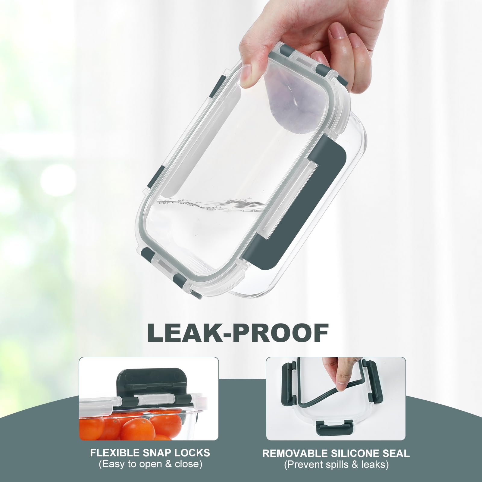 KOMUEE airtight lid with silicone ring seals freshness and prevents leaks.
