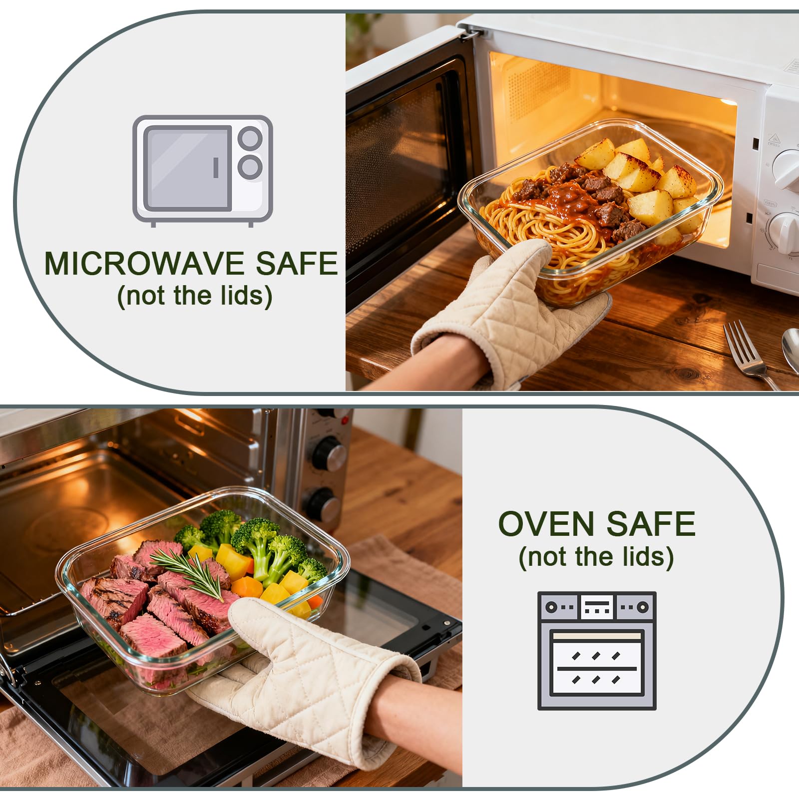 KOMUEE borosilicate glass shown for oven and microwave safe use.