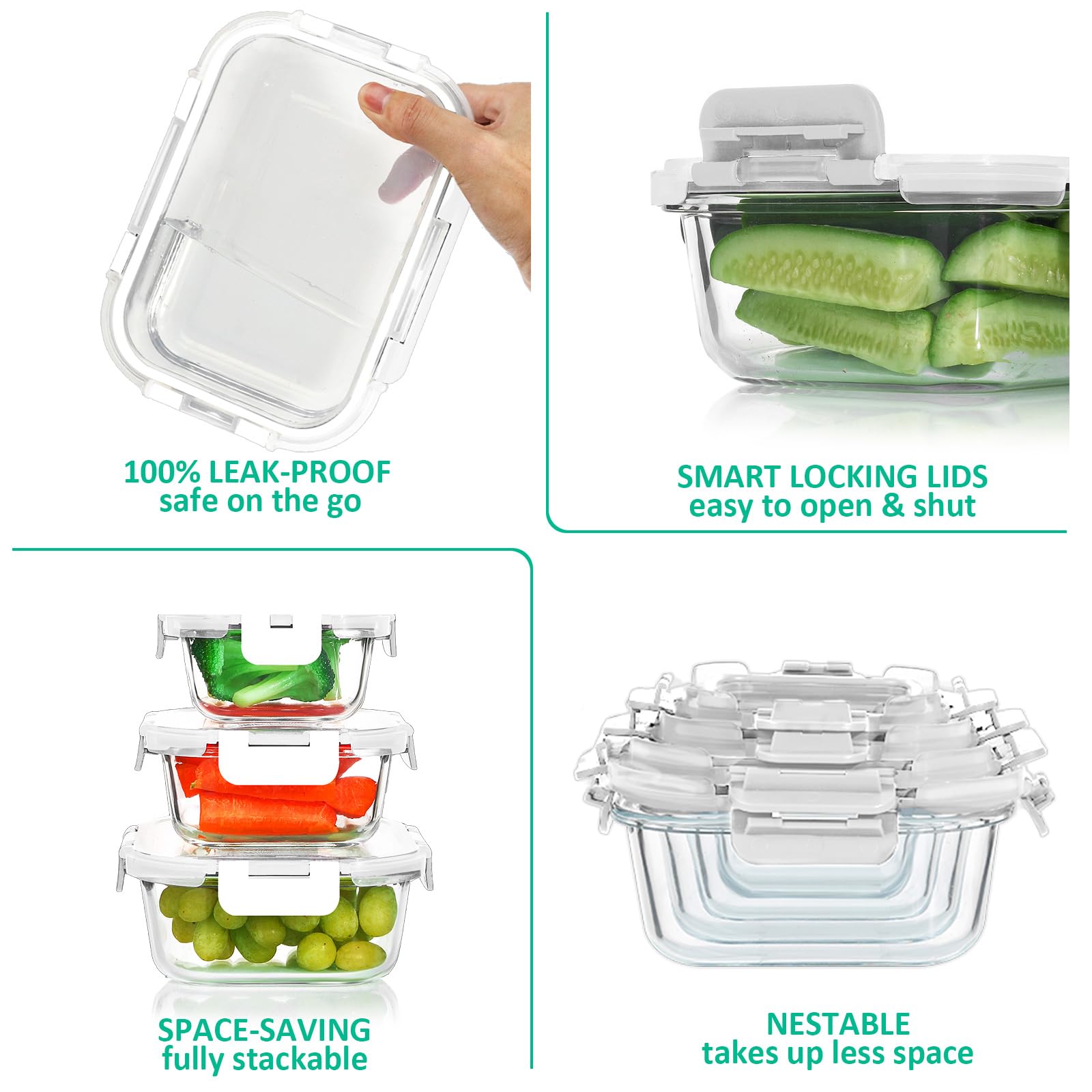 KOMUEE stackable glass containers save fridge space and organize meals.