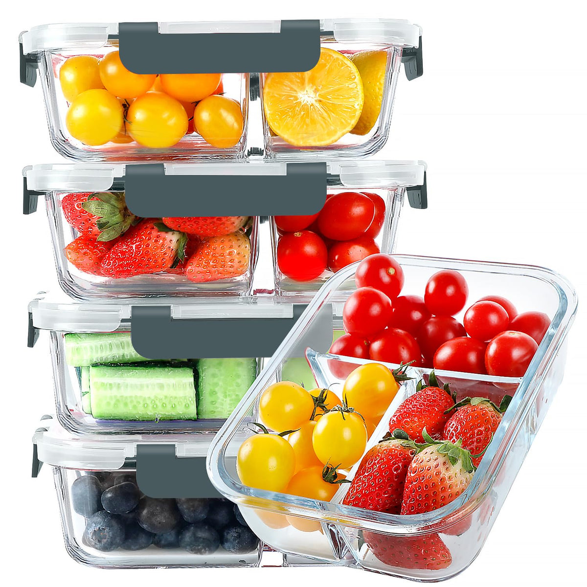KOMUEE glass meal prep 3-compartment 5-pack front view for organized portions