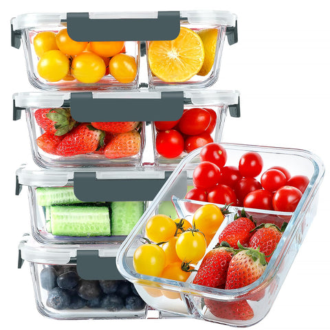 KOMUEE glass meal prep 3-compartment 5-pack front view for organized portions