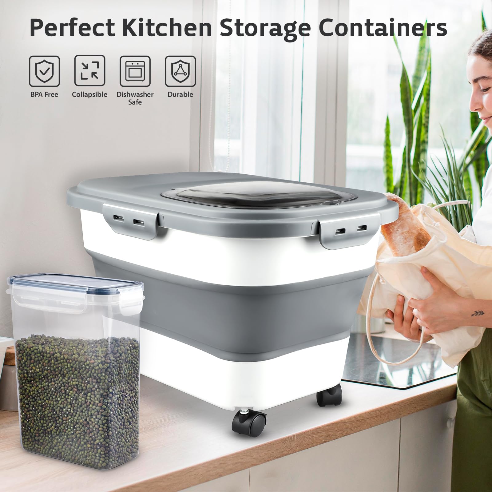 Komzon airtight lid rice container with silicone seals protects contents from moisture