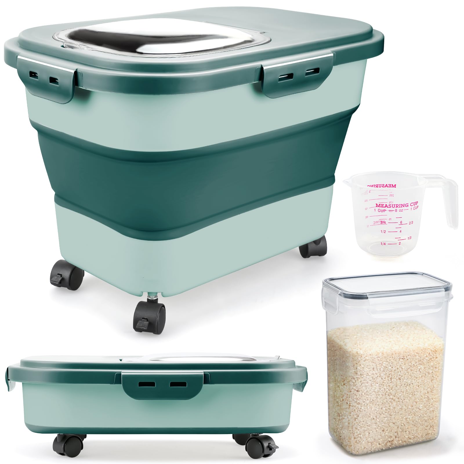 Komzon collapsible rice storage bin with wheels for easy pantry movement.