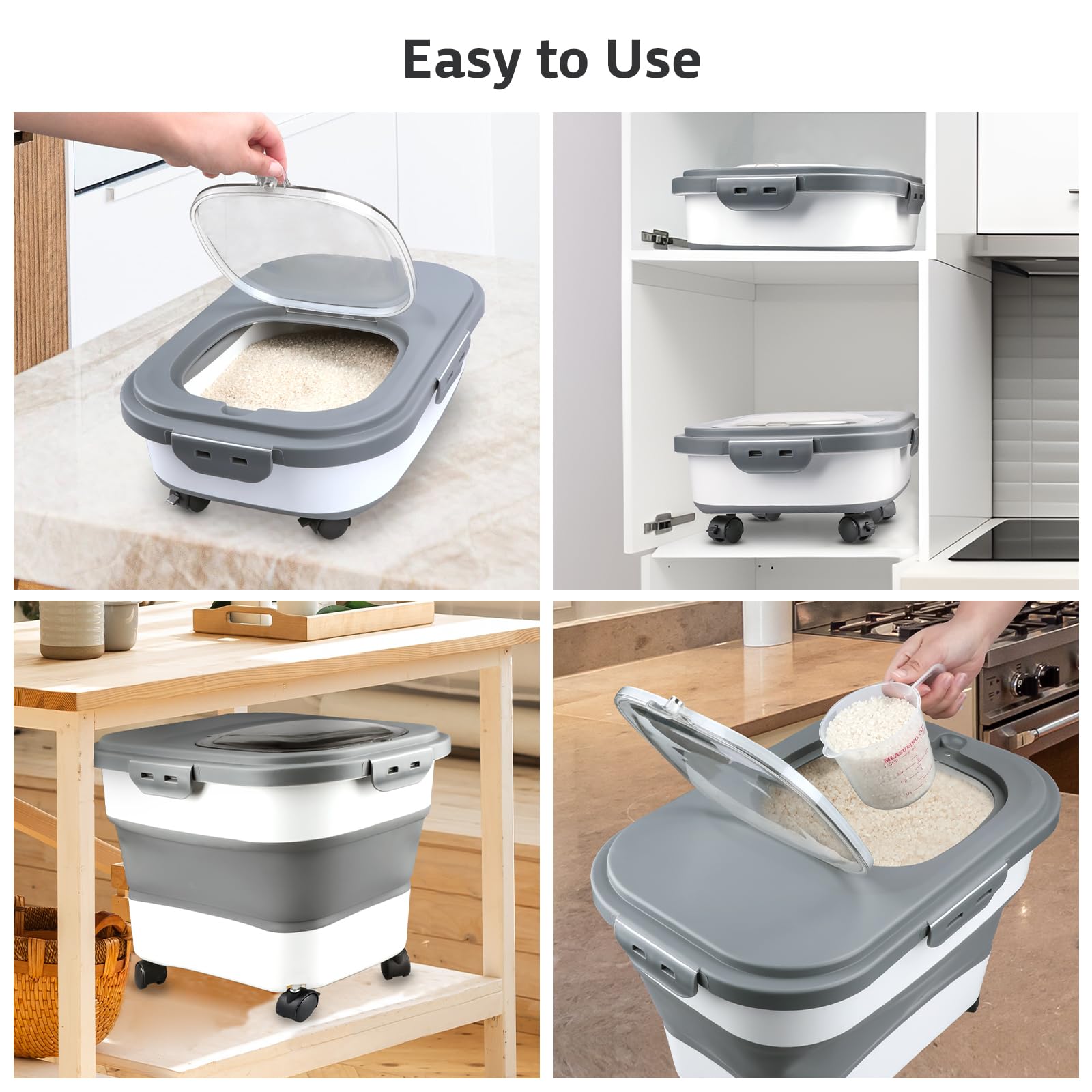 Komzon detachable wheels on the rice storage bin enable effortless kitchen repositioning