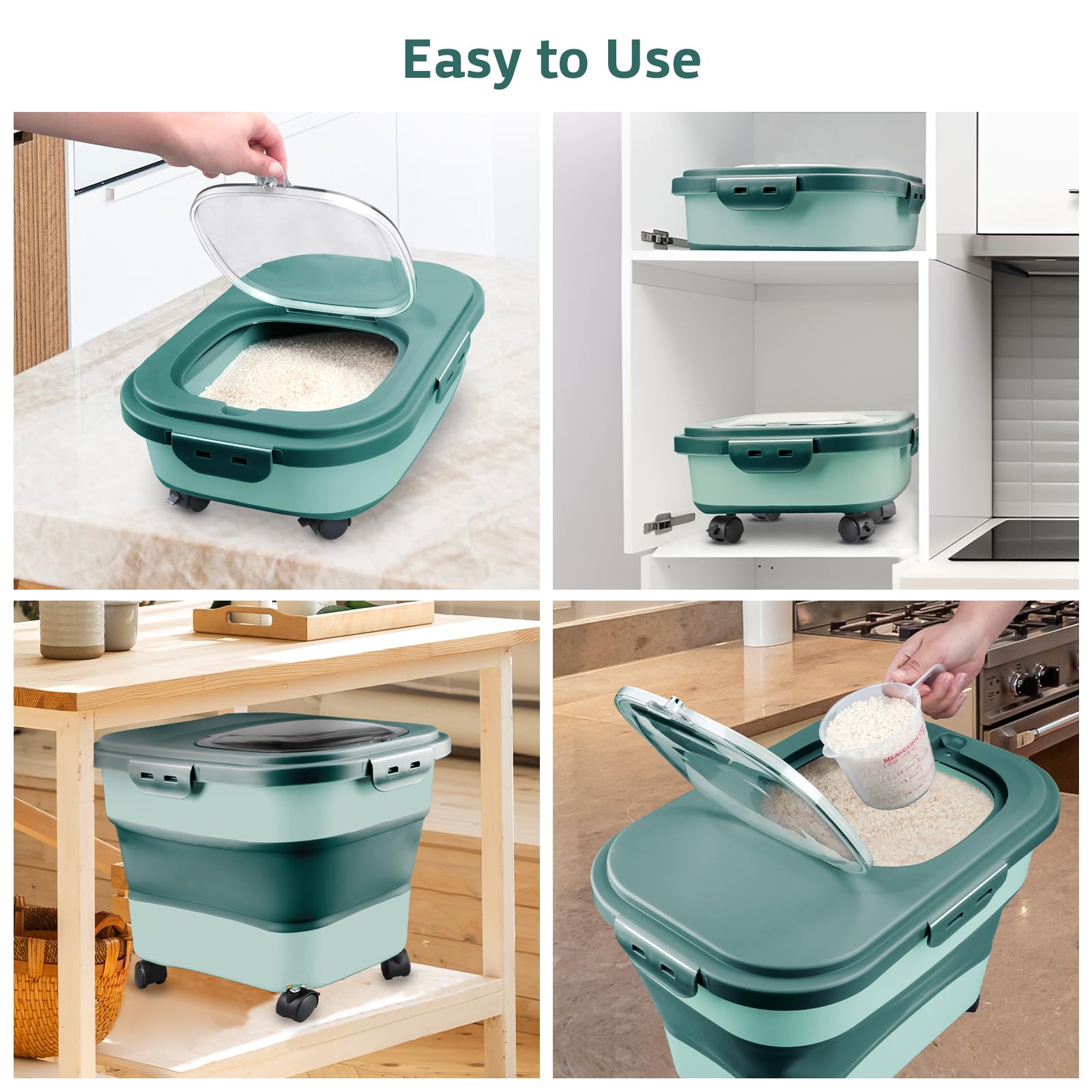 Komzon rice storage bin with detachable wheels for versatile placement.